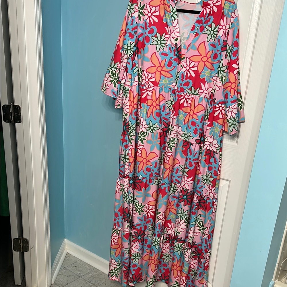 SHEIN Pink and Red Maxi Sundress with Bell Sleeves